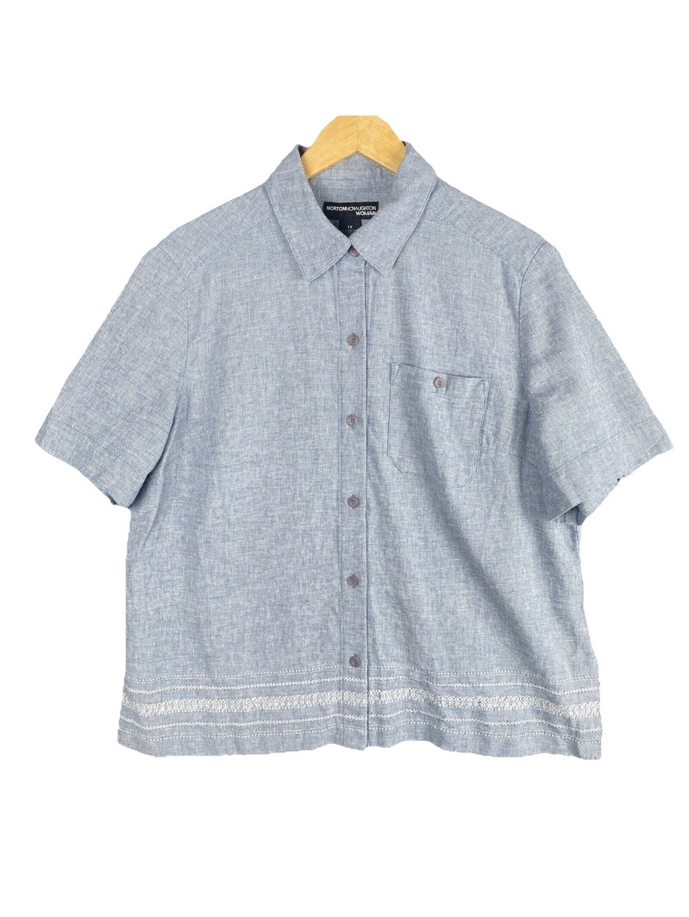 norton mcnaughton Women’s Button Up Shirt 1X Linen Cotton Short Sleeve  Blue